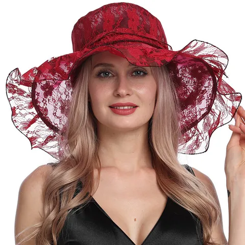 Women's Elegant Organza Silk Sun Hat Large Brim Lace Floral Wedding Church Beach Party Fedora Kentucky Derby Bucket Hat