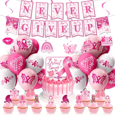 Pink Ribbon Breast Cancer Awareness Party Decorations Never Give Up Banner Balloons Cake Toppers Plates Napkins Tablecloth Kit