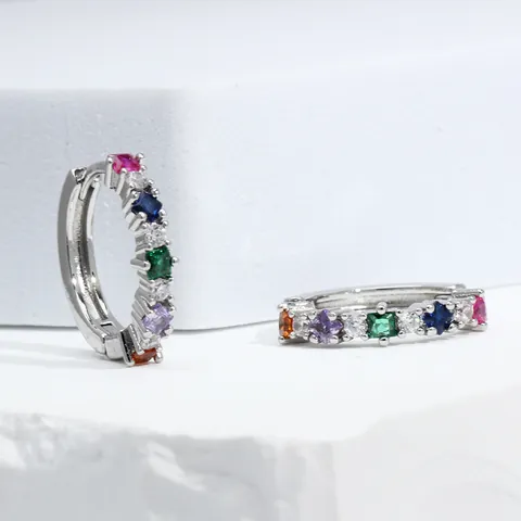 Copper Inlaid Square Colorful Zirconia Huggie Hoop Earrings For Women Minimalist Round Geometric Ear Buckles Fashion Commute Jewelry Gift