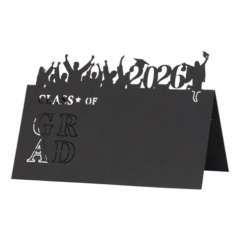 Tarjetas de Lugar de Graduación Negras Corte Láser Class Of Grad 2025 2026 Tarjetas de Nombre de Mesa para Fiesta