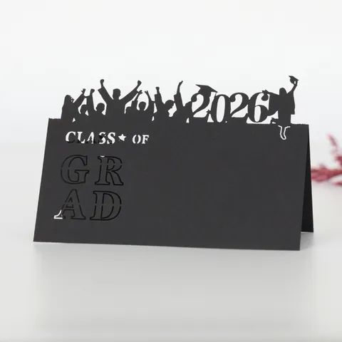 Tarjetas de Lugar de Graduación Negras Corte Láser Class Of Grad 2025 2026 Tarjetas de Nombre de Mesa para Fiesta