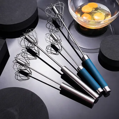 Stainless Steel Semi-Automatic Egg Whisk Hand Press Self Rotating Manual Blender Milk Cream Frother Kitchen Baking Tool