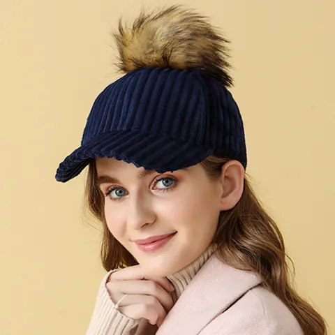 Gorra de Béisbol de Pana de Invierno para Mujer Con Pompón de Piel Sintética Desmontable Color Sólido Ajustable Moda Exterior