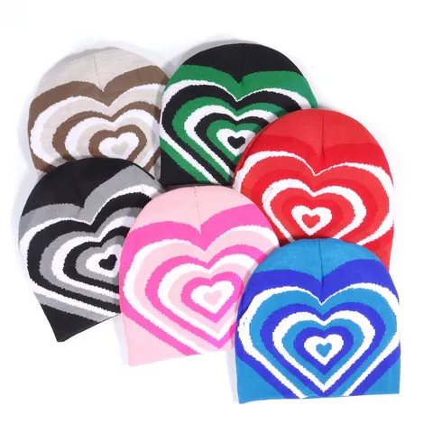 Women Y2K Concentric Heart Pattern Knit Beanie Hat Gradient Color Block Acrylic Winter Warm Soft Skull Cap Korean Streetwear Fashion Hat