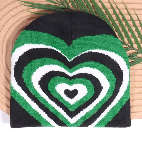 Women Y2K Concentric Heart Pattern Knit Beanie Hat Gradient Color Block Acrylic Winter Warm Soft Skull Cap Korean Streetwear Fashion Hat
