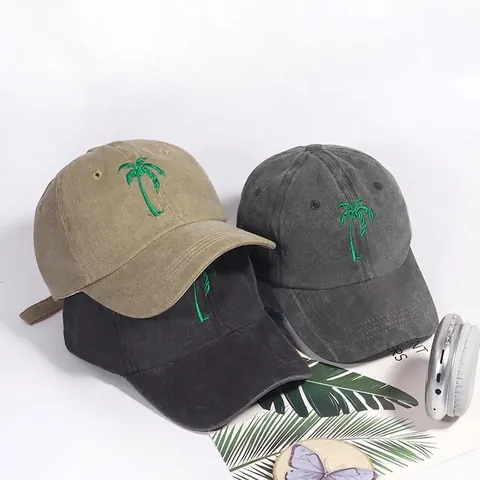 Berretto da Baseball Ricamato con Albero di Cocco in Poliestere Lavato Vintage per Uomo Donna Parasole Regolabile All'aperto