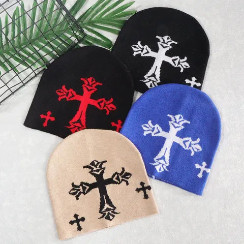Berretto a Maglia Con Croce Gotica Per Uomo Donna Hip Hop Inverno Caldo Acrilico Skull Cap Streetwear Copricapo Ricamato Accessorio