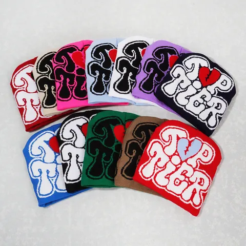 Y2K Streetwear Knit Beanie For Men Women Top Tier Letter Heart Jacquard Winter Warm Acrylic Skull Cap Street Fashion Accessory