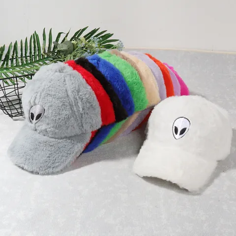 Alien Embroidery Plush Baseball Cap For Women Men Winter Warm Soft Faux Fur Streetwear Hip Hop Adjustable Trucker Hat