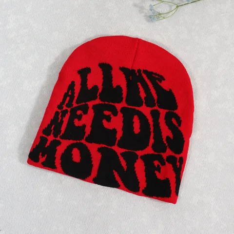 All We Need Is Money Letter Knitted Beanie Hat For Men Women Warm Winter Acrylic Streetwear Hip Hop Jacquard Skull Cap