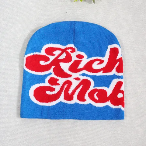 Rich Mob Letter Jacquard Knit Beanie Hat For Men Women Winter Warm Acrylic Streetwear Hip Hop Cold Hat Outdoor Accessory