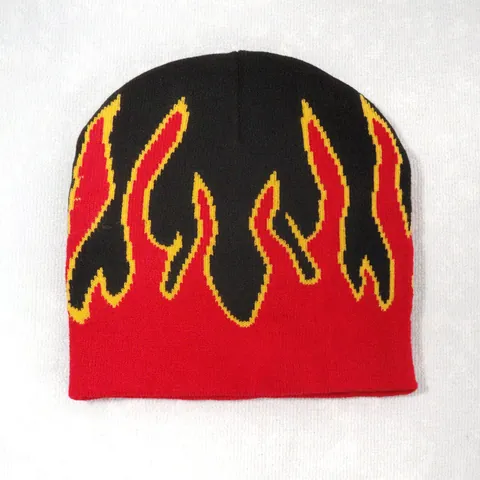 Unisex Streetwear Flame Pattern Knit Beanie Winter Warm Acrylic Skull Cap Hip Hop Jacquard Hat Casual Outdoor Headwear
