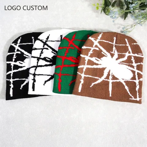 Y2K Spider Web Jacquard Knit Beanie Hat For Men Women Streetwear Hip Hop Winter Warm Acrylic Skull Cap Accessories