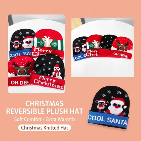 Christmas Knitted Beanie Hat Acrylic Warm Winter Cap Santa Reindeer Snowman Pattern Fold-over Cuff For Men Women Kids