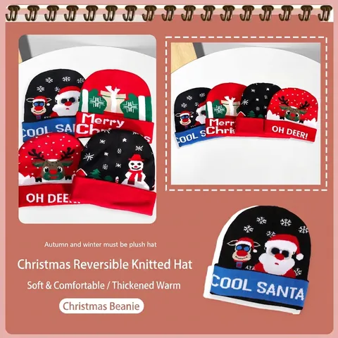 Christmas Knitted Beanie Hat Acrylic Warm Winter Cap Santa Reindeer Snowman Pattern Fold-over Cuff For Men Women Kids