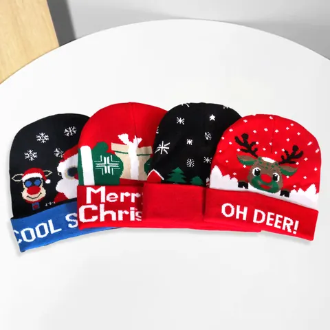 Christmas Knitted Beanie Hat Acrylic Warm Winter Cap Santa Reindeer Snowman Pattern Fold-over Cuff For Men Women Kids