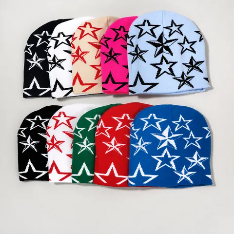 Y2K Streetwear Jacquard Star Knitted Beanie Soft Acrylic Warm Winter Pullover Skull Cap Fashion Hat For Men Women