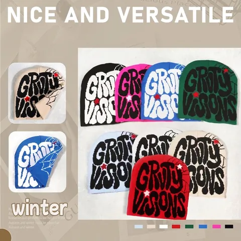 Y2K Street Style Knit Beanie Hat For Women Men Gothic Letter Print Spider Web Pattern Stars Winter Warm Acrylic Skull Cap