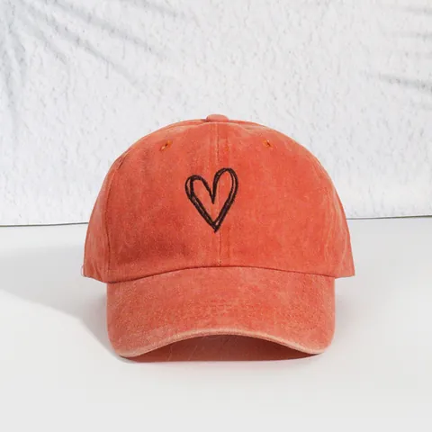 Washed Cotton Baseball Cap Vintage Distressed Soft Top Heart Embroidery Adjustable Sun Hat Casual Outdoor Sport Cap
