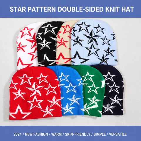 Star Pattern Jacquard Knit Beanie Hat For Women Men Winter Warm Acrylic Streetwear Y2K Punk Outdoor Beanie Skull Cap