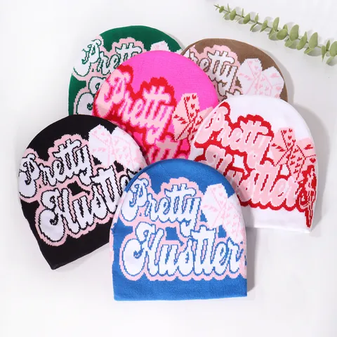Pretty Hustler Letter Knit Beanie Double Sided Warm Winter Hat Y2K Hip Hop Punk Streetwear Acrylic Cold Cap For Men Women