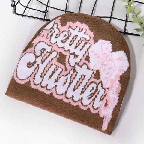 Pretty Hustler Letter Knit Beanie Double Sided Warm Winter Hat Y2K Hip Hop Punk Streetwear Acrylic Cold Cap For Men Women