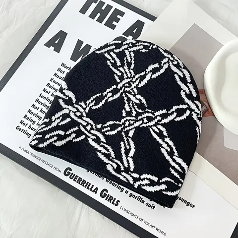 Trendy Chain Pattern Knitted Beanie Hat Hip Hop Streetwear Acrylic Warm Winter Double Sided Wear Brimless Skull Cap For Unisex