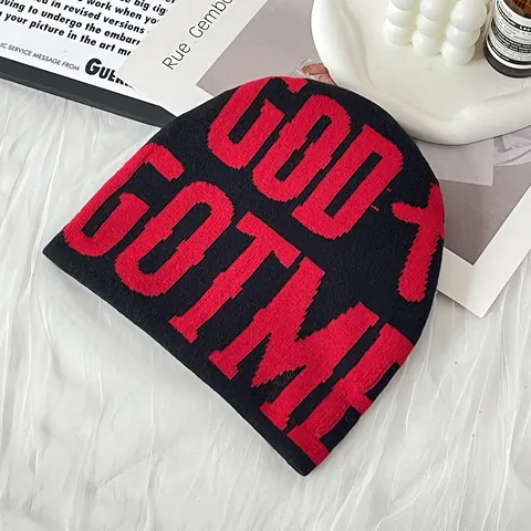 Knitted Beanie Hat With God Got Me Letter Cross Pattern Streetwear Warm Winter Cap Acrylic Headwear For Women Men