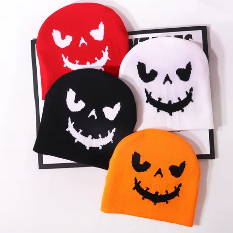 Halloween Pumpkin Ghost Face Jacquard Knit Beanie Hat For Unisex Funny Evil Smile Acrylic Warm Winter Cuff Cap Party Costume