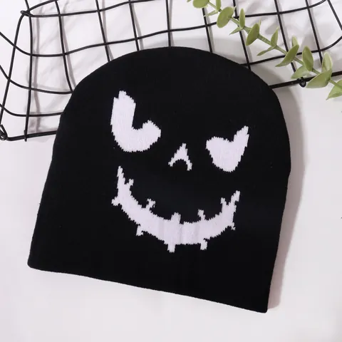 Halloween Pumpkin Ghost Face Jacquard Knit Beanie Hat For Unisex Funny Evil Smile Acrylic Warm Winter Cuff Cap Party Costume