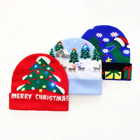 LED Light Up Christmas Knit Hat Warm Winter Beanie Festive Party Cap With Reindeer Snowflake Patterns For Adults Women Men