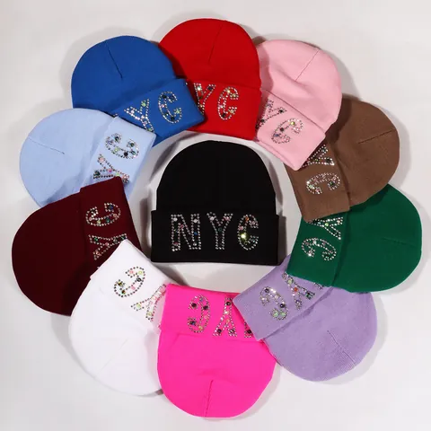 NYC Letter Rhinestone Knitted Beanie For Women Men Acrylic Warm Winter Skull Cap Colorful Rhinestone Cuffed Beanie Hat