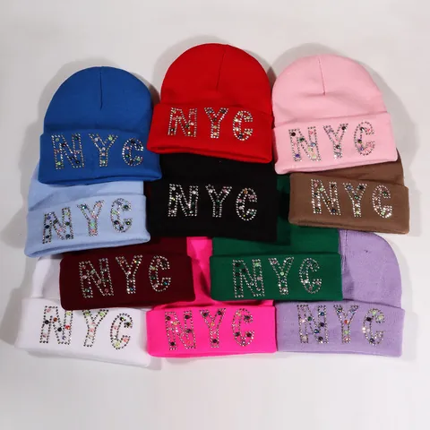 NYC Letter Rhinestone Knitted Beanie For Women Men Acrylic Warm Winter Skull Cap Colorful Rhinestone Cuffed Beanie Hat