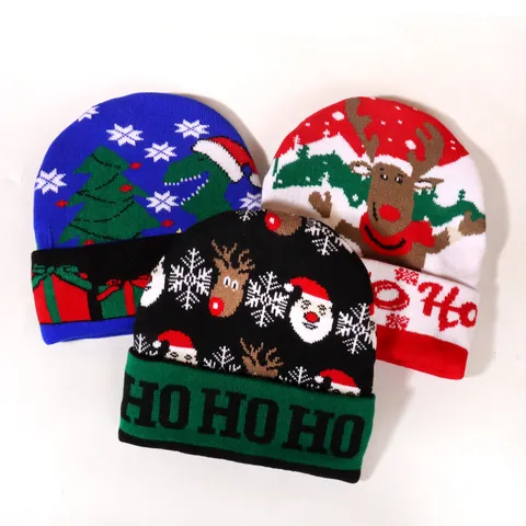 Christmas Jacquard Knit Beanie Hat Winter Warm Acrylic Skull Cap With Reindeer Santa Claus Dinosaur Pattern Festive Party Hat