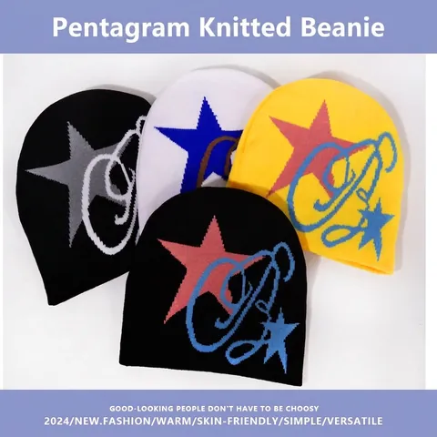 Y2K Star Pattern Knit Beanie For Men Women Streetwear Punk Style Winter Warm Acrylic Slouchy Skull Cap Outdoor Sport Hat