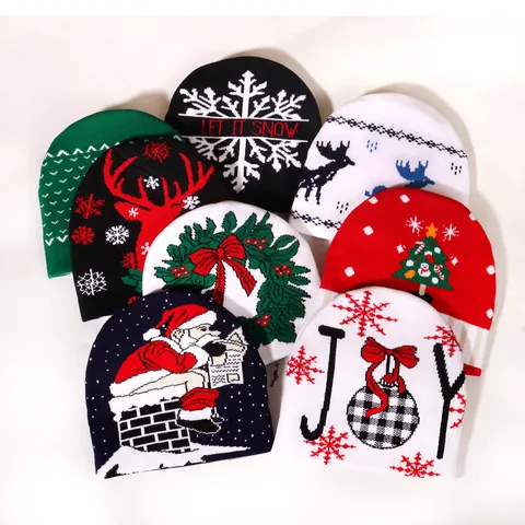 Christmas Jacquard Knitted Beanie Hat Santa Claus Reindeer Snowflake Pattern Winter Warm Acrylic Knit Hat For Men Women Festival Gift