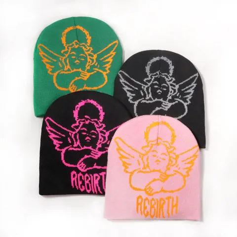 Unisex Cupid Angel Jacquard Knitted Beanie Hat Rebirth Letter Streetwear Winter Warm Acrylic Round Top No Brim Skull Cap