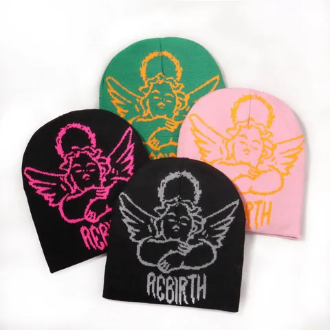 Unisex Cupid Angel Jacquard Knitted Beanie Hat Rebirth Letter Streetwear Winter Warm Acrylic Round Top No Brim Skull Cap