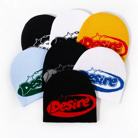 Desire Letter Jacquard Knitted Beanie Hat Men Women Winter Warm Acrylic Streetwear Hip Hop Cuffless Skull Cap Outdoor Unisex
