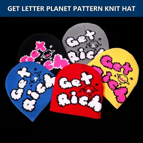 Berretto a Maglia Get Rich con Lettere Pianeta Stella Caldo Inverno Acrilico Skull Cap per Uomo Donna Streetwear Hip Hop