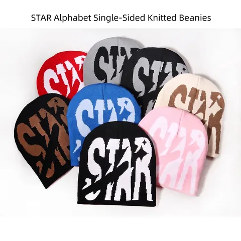 Unisex STAR Letter Jacquard Knit Beanie Acrylic Warm Winter Streetwear Hip Hop Casual Cuffless Outdoor Soft Beanie Hat