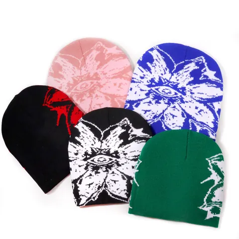 Eye Flower Pattern Jacquard Knitted Beanie Unisex Hip Hop Streetwear Warm Winter Acrylic Hat For Men Women Outdoor Casual Fashion