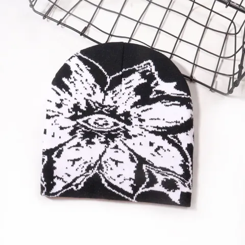 Eye Flower Pattern Jacquard Knitted Beanie Unisex Hip Hop Streetwear Warm Winter Acrylic Hat For Men Women Outdoor Casual Fashion
