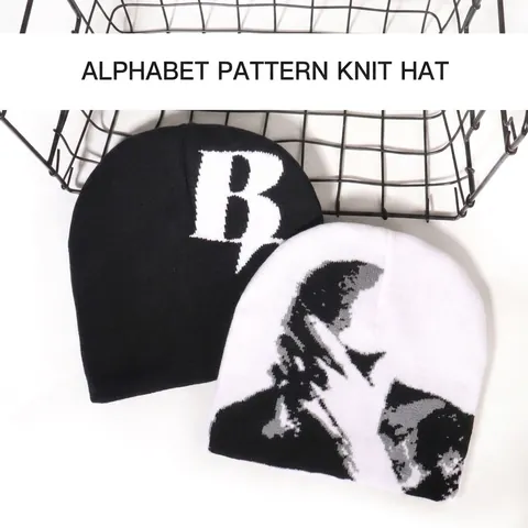 Unisex Acrylic Jacquard Knit Beanie Winter Warm Streetwear Hip Hop Skull Cap Letter B Portrait Pattern For Men Women