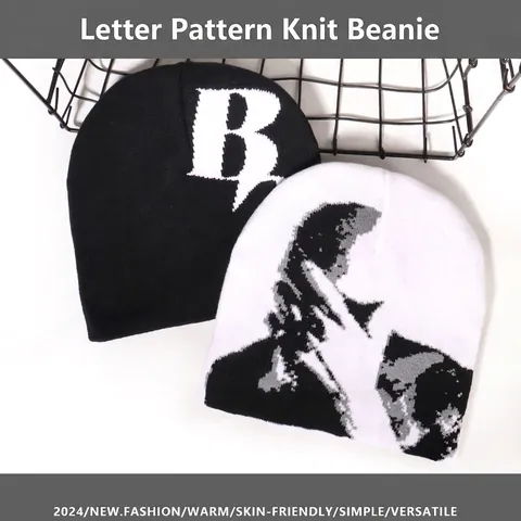 Unisex Acrylic Jacquard Knit Beanie Winter Warm Streetwear Hip Hop Skull Cap Letter B Portrait Pattern For Men Women