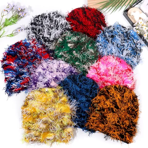 Camouflage Shaggy Knit Beanie Warm Winter Streetwear Hip Hop Personalized Fluffy Acrylic Universal Hat For Men Women