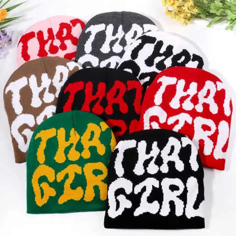 That Girl Letter Jacquard Knitted Beanie Hat Warm Acrylic Winter Streetwear Hip Hop Skull Cap For Women Men