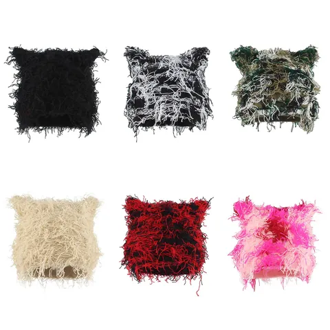 Women Cat Ear Shaggy Beanie Hat Distressed Fuzzy Knit Warm Winter Outdoor Streetwear Harajuku Punk Style Headwear