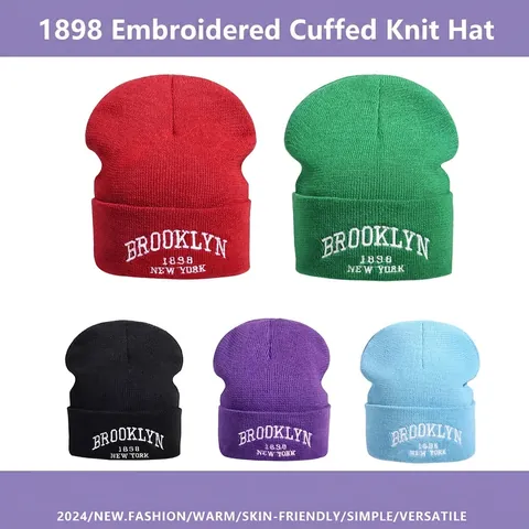 Women Men Winter Warm Knit Beanie Hat With Brooklyn 1898 New York Letter Embroidery Soft Acrylic Cuffed Skull Cap Outdoor