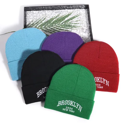 Women Men Winter Warm Knit Beanie Hat With Brooklyn 1898 New York Letter Embroidery Soft Acrylic Cuffed Skull Cap Outdoor